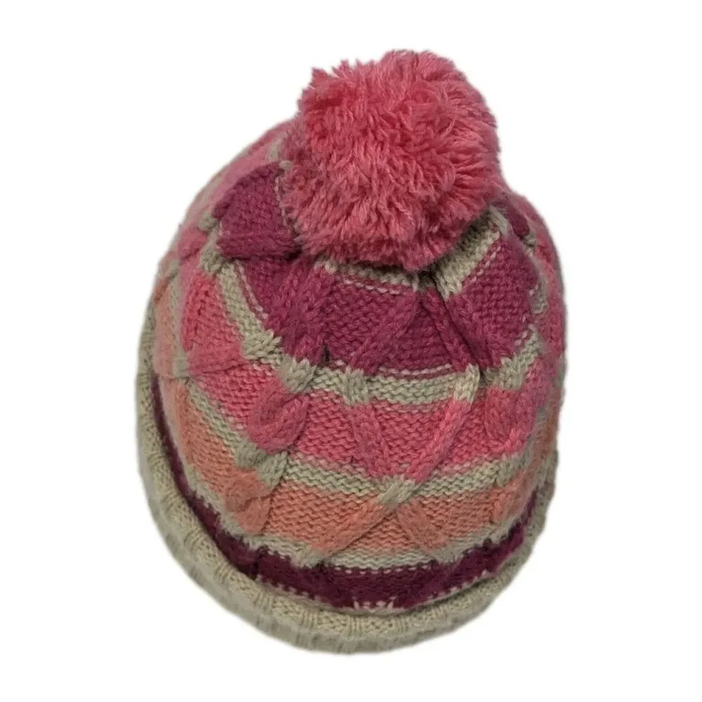 Levi's Beanie Hat Stripes Youth 7-16 Cable Knit Pinks & Beige Pom Pom Ribbed